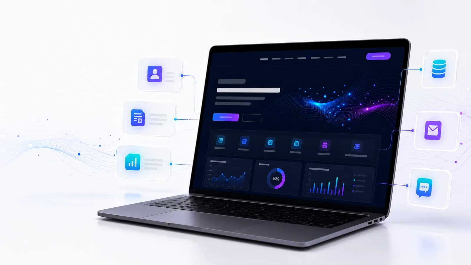 מוקאפ לפטופ עם אתר עסקי שמחובר ל-CRM, טפסים ואוטומציה
